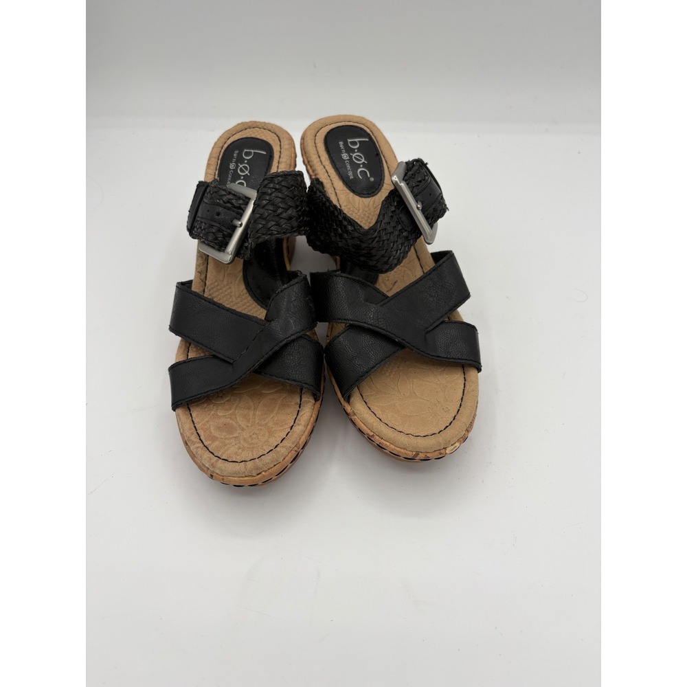 B.O.C. Born Concept Black Wedge Sandals Braided Buckle Strap Cork Heel Womens 6M